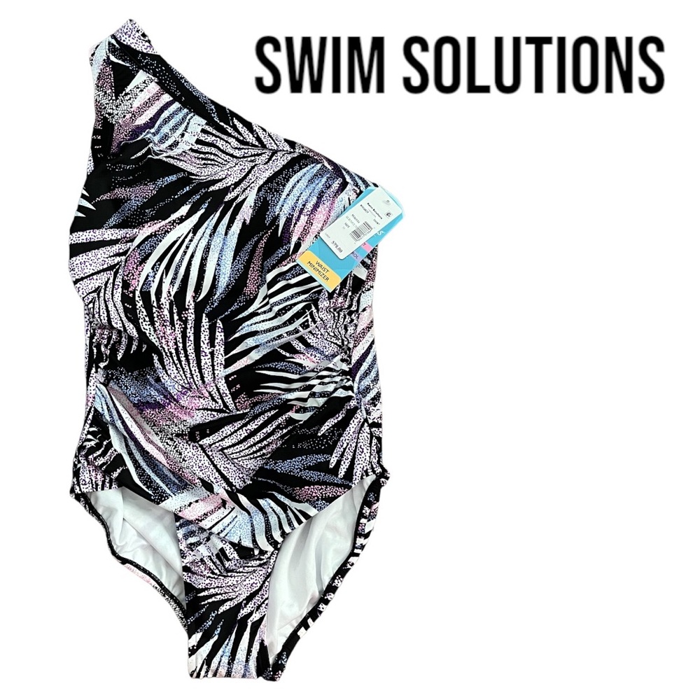 NWT Swim Solutions TUMMY CONTROL ONE SHOULDER One Piece Swimsuit 10 Black Multi